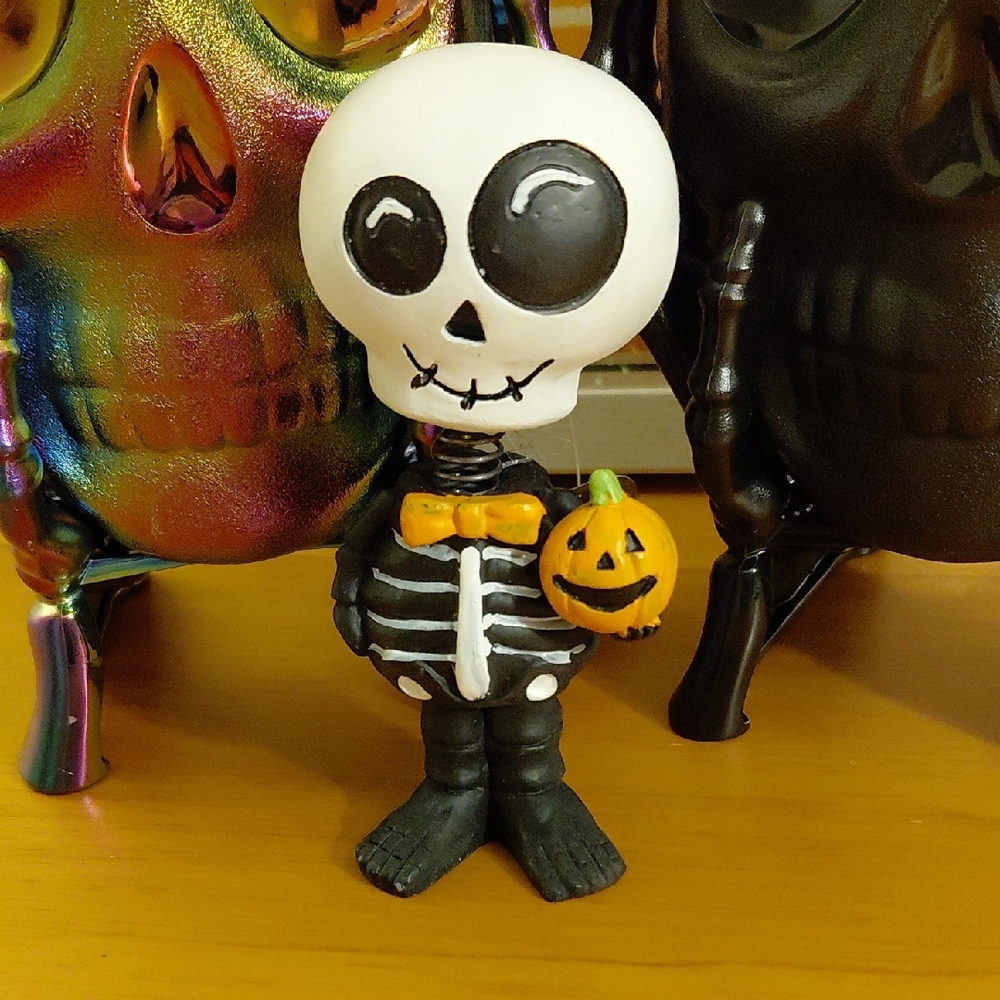 Skeleton Figurine with Pumpkin - Black and White